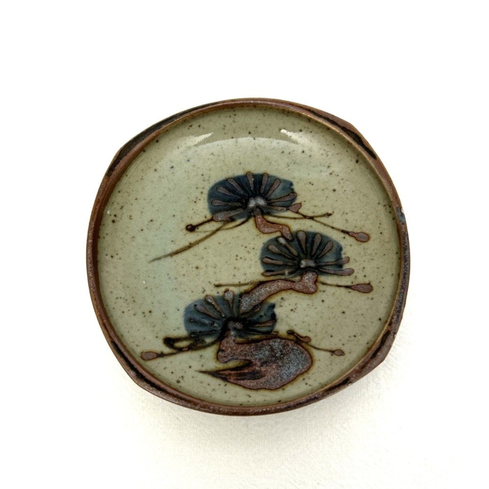 Vtg Art Stoneware Pottery Plate Dish Speckled Beige Glaze Inky Blue Floral 5.25"